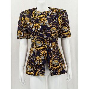 Vintage Albert Nipon Jacket Womens 6 Navy Silk‎ Baroque Floral Shoulder Pads 80s